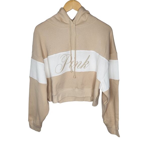 Victoria's Secret Pink Ivy Fleece Croppped Hoodie Sweatshirt Tan White Large - Picture 3 of 10